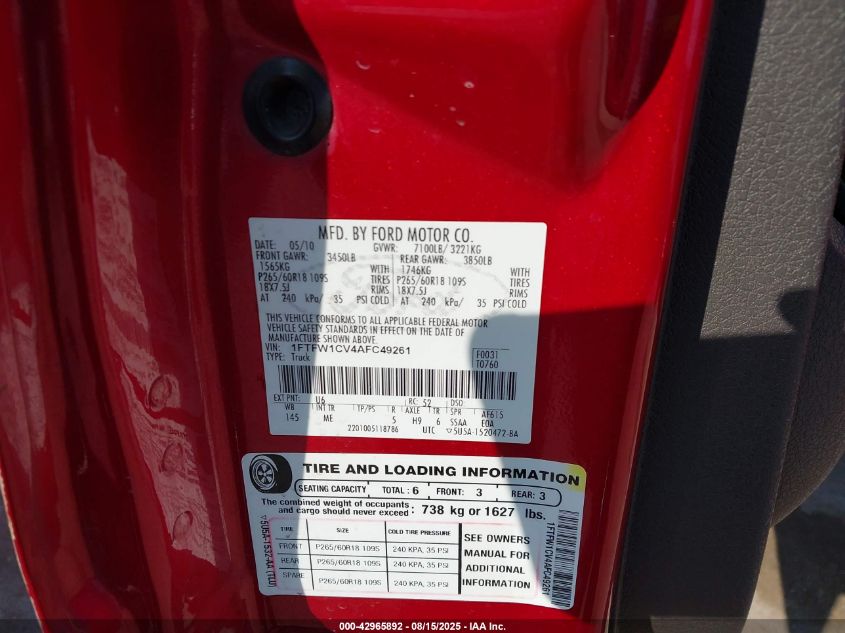 2010 Ford F-150 Xlt VIN: 1FTFW1CV4AFC49261 Lot: 42965892