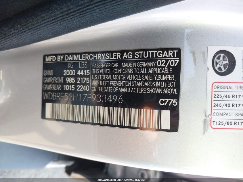 2007 Mercedes-Benz C 230 Sport VIN: WDBRF52H17F933496 Lot: 42965898