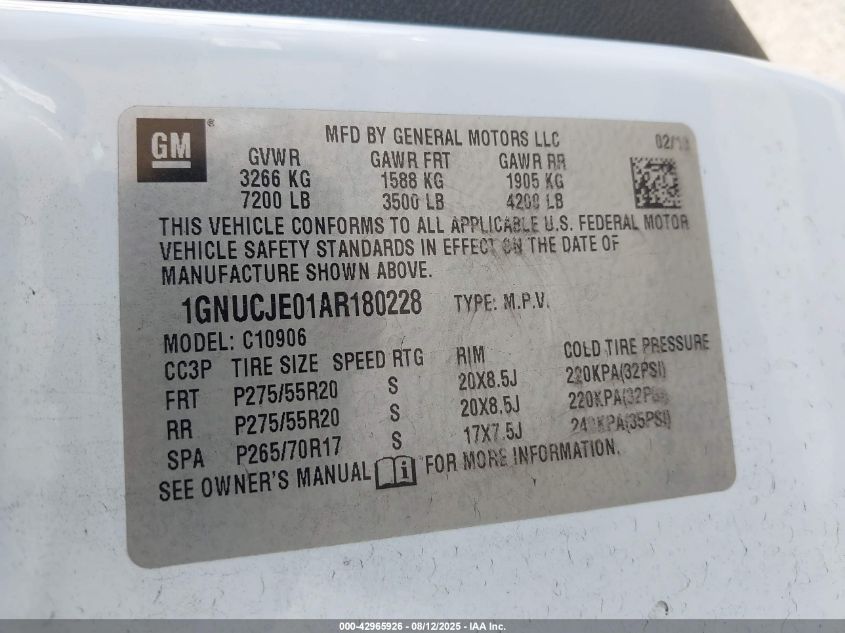 2010 Chevrolet Suburban 1500 Lt1 VIN: 1GNUCJE01AR180228 Lot: 42965926