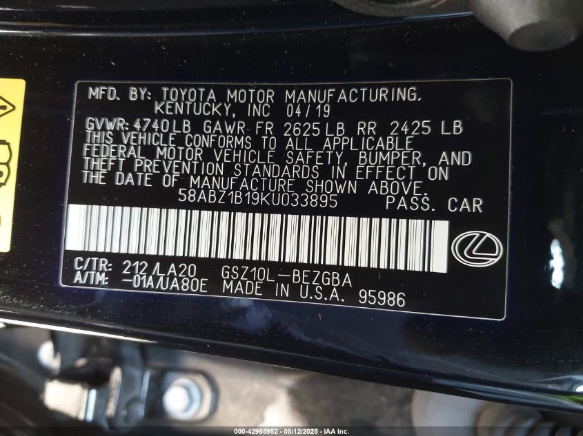 2019 Lexus Es 350 VIN: 58ABZ1B19KU033895 Lot: 42965952