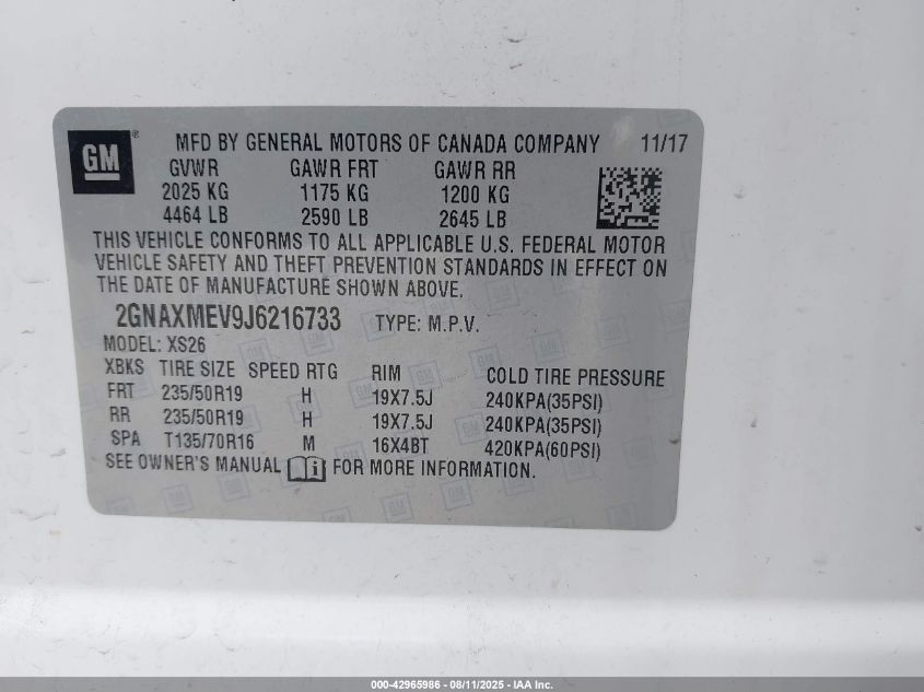 2018 Chevrolet Equinox Premier VIN: 2GNAXMEV9J6216733 Lot: 42965986