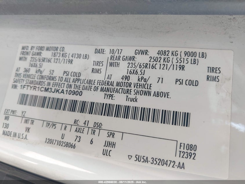 2018 Ford Transit-250 3.7 T-250 White Lot 111042966038 Vin 1FTYR1CM3JKA10900