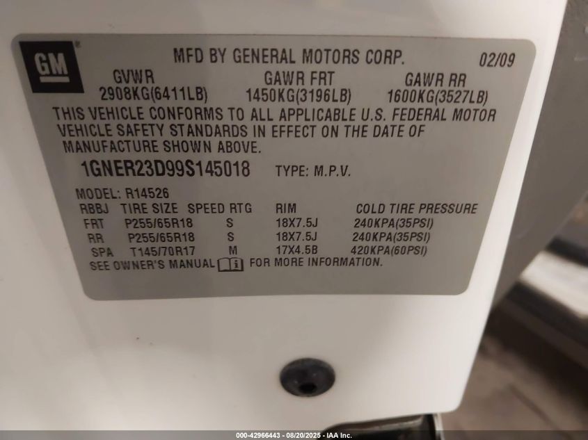 2009 Chevrolet Traverse Lt VIN: 1GNER23D99S145018 Lot: 42966443