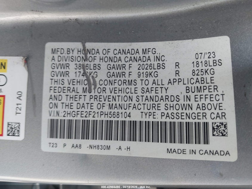 2023 HONDA CIVIC LX 2HGFE2F21PH568104