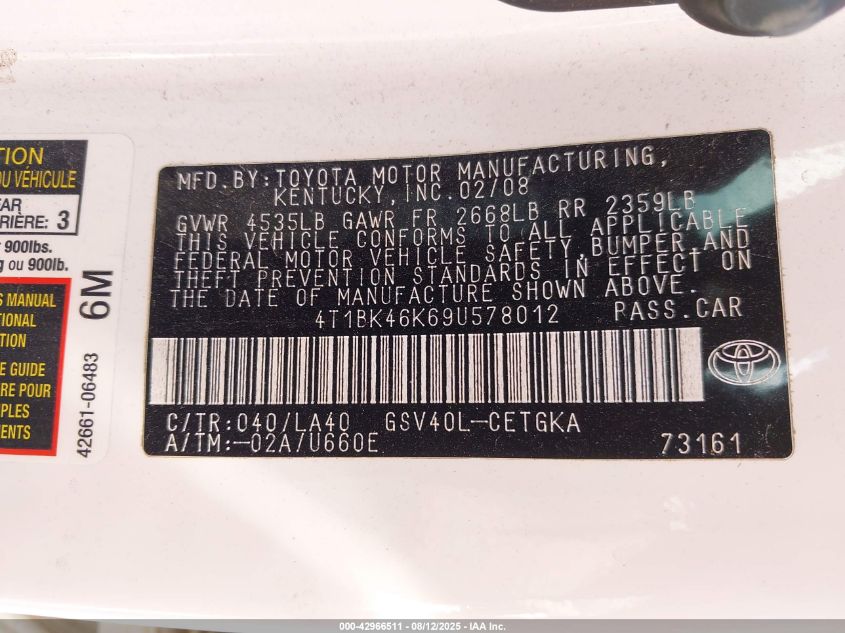 2009 Toyota Camry Xle V6 VIN: 4T1BK46K69U578012 Lot: 42966511