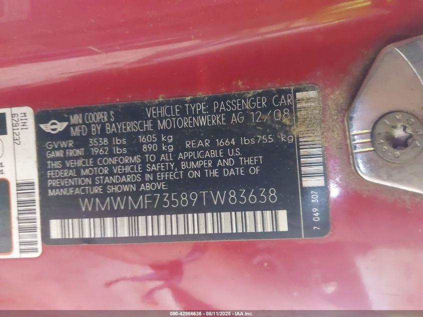 2009 Mini Cooper S VIN: WMWMF73589TW83638 Lot: 42966636