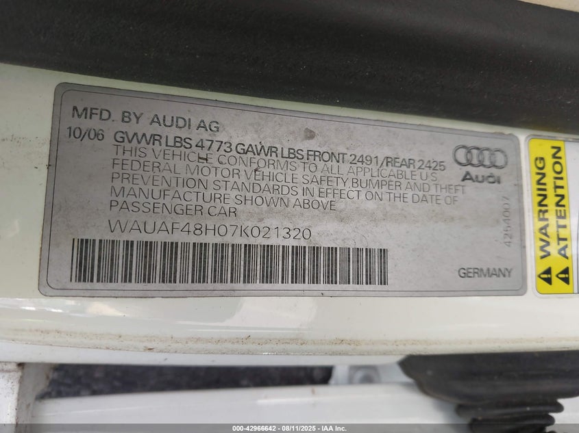 2007 Audi A4 2.0T VIN: WAUAF48H07K021320 Lot: 42966642