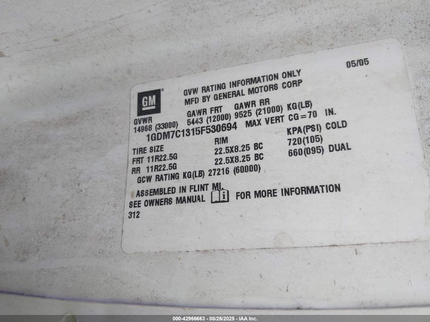 2005 GMC C7500 C7C042 VIN: 1GDM7C1315F530694 Lot: 42966663