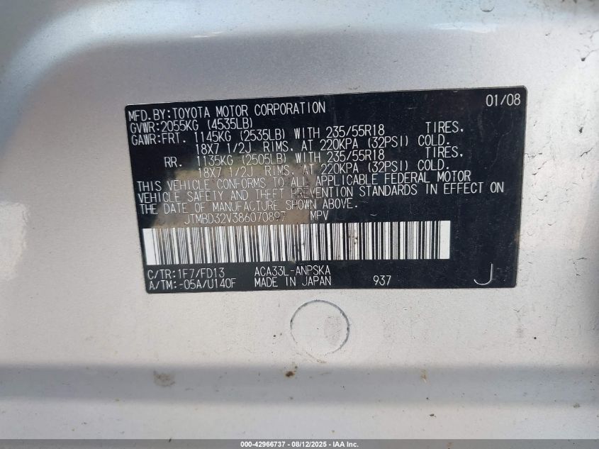 2008 Toyota Rav4 Sport VIN: JTMBD32V386070897 Lot: 42966737