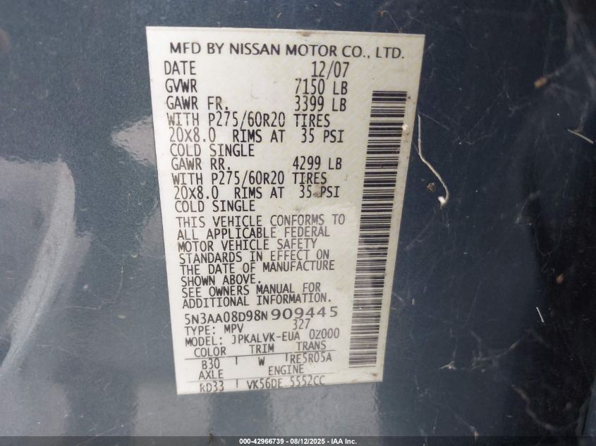 2008 Infiniti Qx56 VIN: 5N3AA08D98N909445 Lot: 42966739