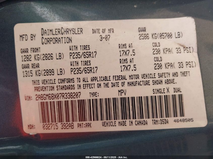 2007 Chrysler Pacifica Touring VIN: 2A8GM68X07R338207 Lot: 42966824