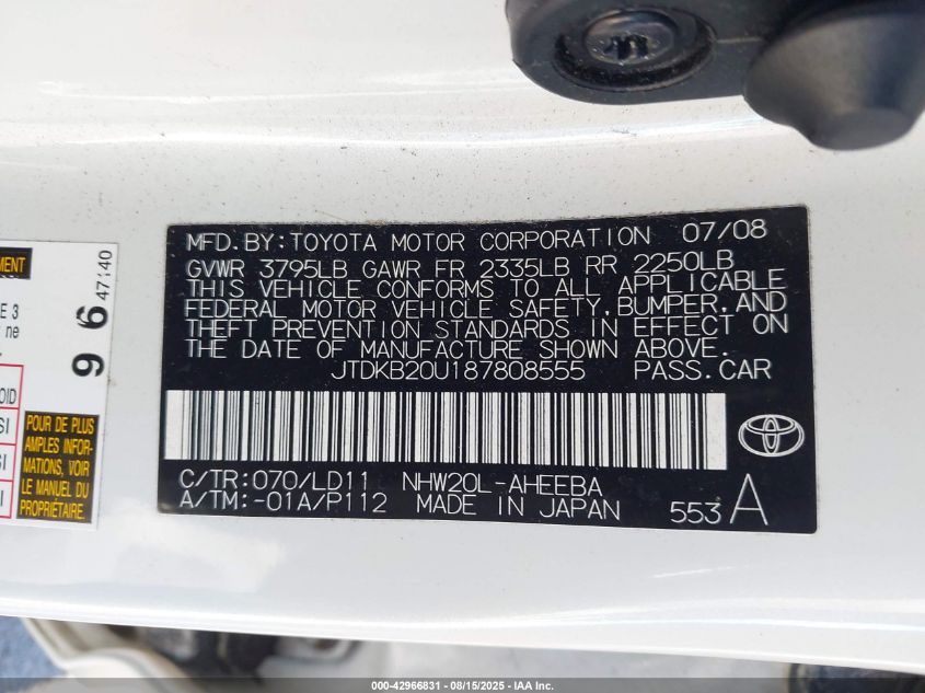 2008 Toyota Prius Standard/Touring VIN: JTDKB20U187808555 Lot: 42966831
