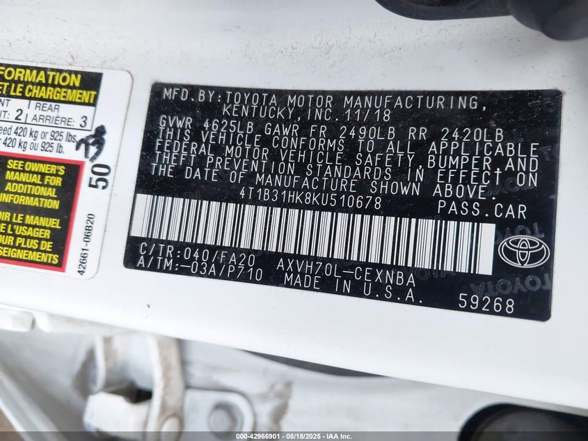 2019 Toyota Camry Hybrid Le VIN: 4T1B31HK8KU510678 Lot: 42966901