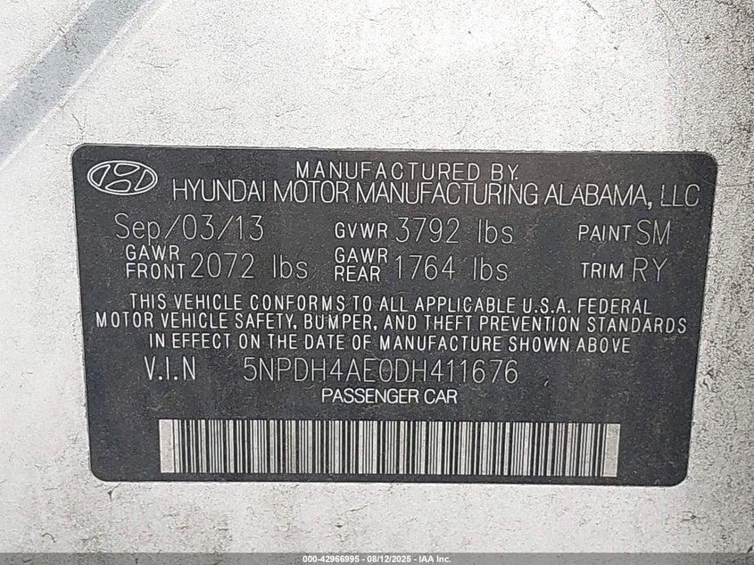 2013 HYUNDAI ELANTRA LIMITED - 5NPDH4AE0DH411676