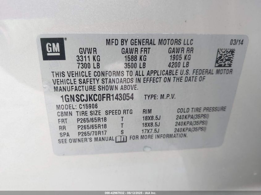 2015 Chevrolet Suburban 1500 Lt VIN: 1GNSCJKC0FR143054 Lot: 42967032