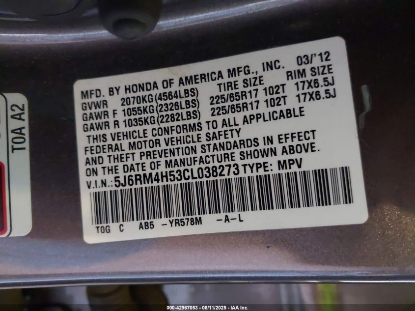2012 Honda Cr-V Ex VIN: 5J6RM4H53CL038273 Lot: 42967053