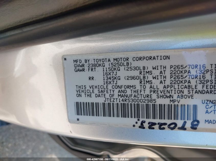 2003 Toyota 4Runner Sr5 Sport V8 VIN: JTEZT14R530002985 Lot: 42967156