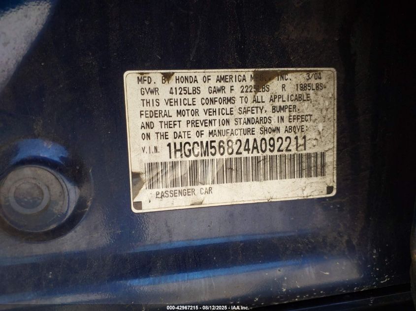 2004 Honda Accord 2.4 Ex VIN: 1HGCM56824A092211 Lot: 42967215