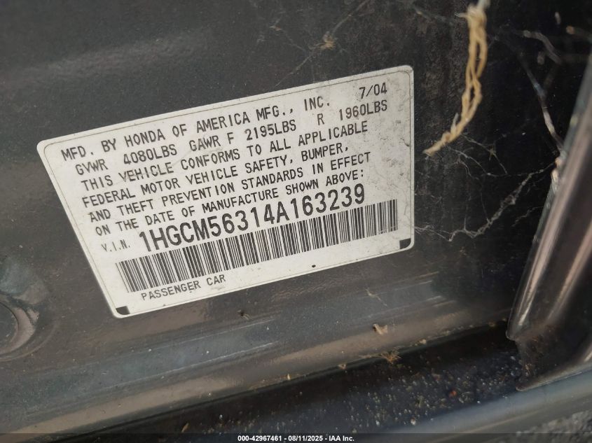 2004 Honda Accord 2.4 Lx VIN: 1HGCM56314A163239 Lot: 42967461