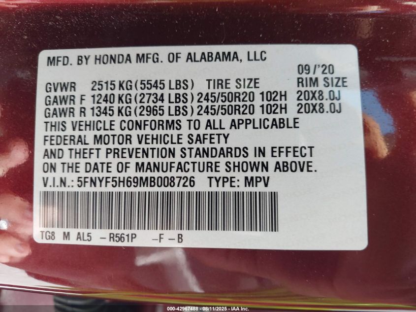 2021 Honda Pilot 2Wd Touring 7 Passenger VIN: 5FNYF5H69MB008726 Lot: 42967488
