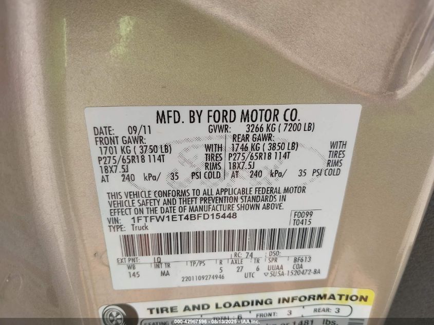 2011 Ford F-150 Xlt VIN: 1FTFW1ET4BFD15448 Lot: 42967596