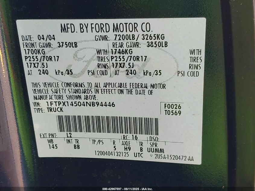 2004 Ford F-150 Fx4/Lariat/Xl/Xlt VIN: 1FTPX14504NB94446 Lot: 42967597