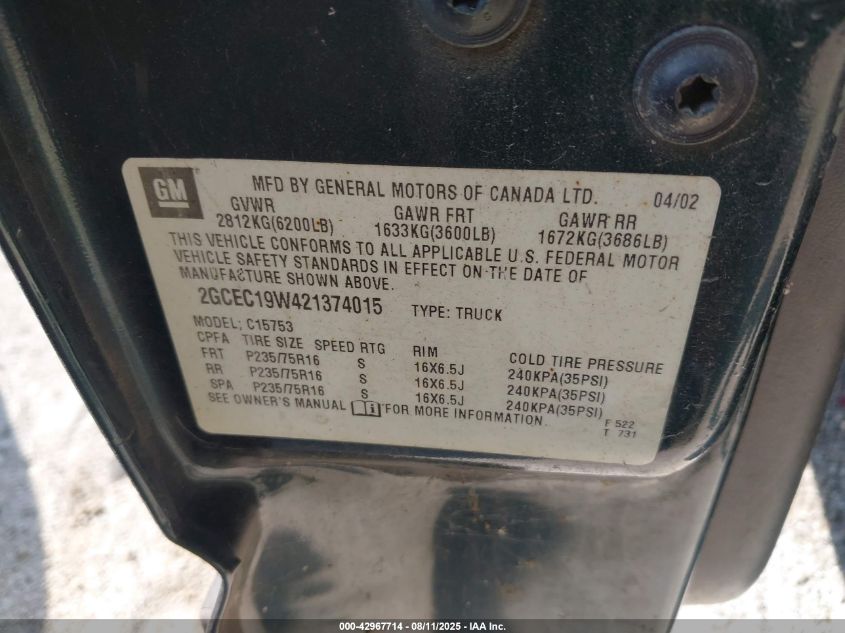 2002 Chevrolet Silverado 1500 VIN: 2GCEC19W421374015 Lot: 42967714