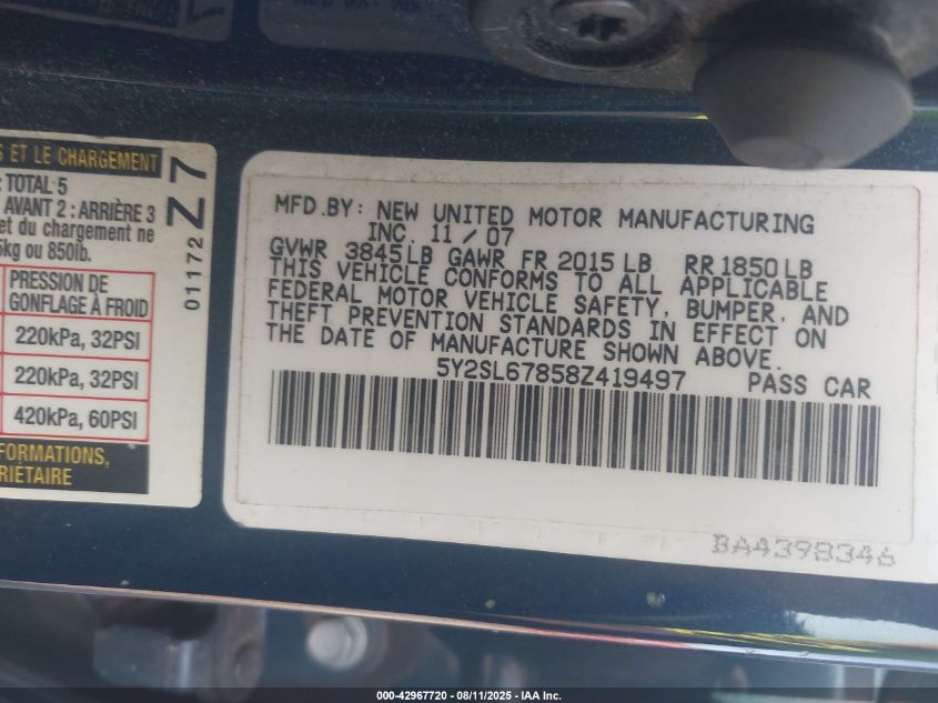 2008 Pontiac Vibe VIN: 5Y2SL67858Z419497 Lot: 42967720