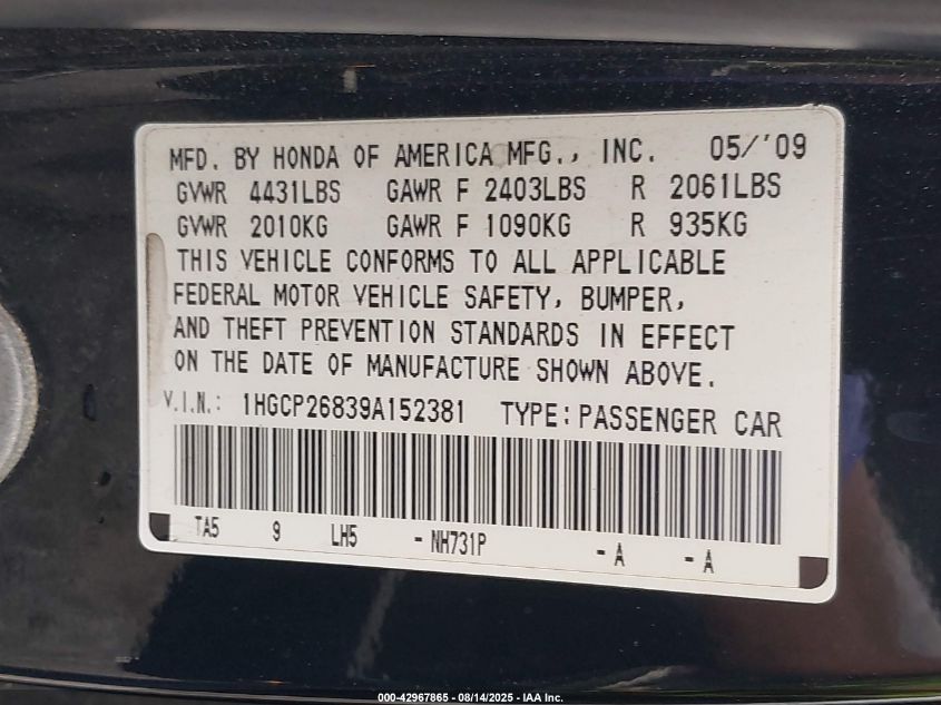2009 Honda Accord 2.4 Ex-L VIN: 1HGCP26839A152381 Lot: 42967865