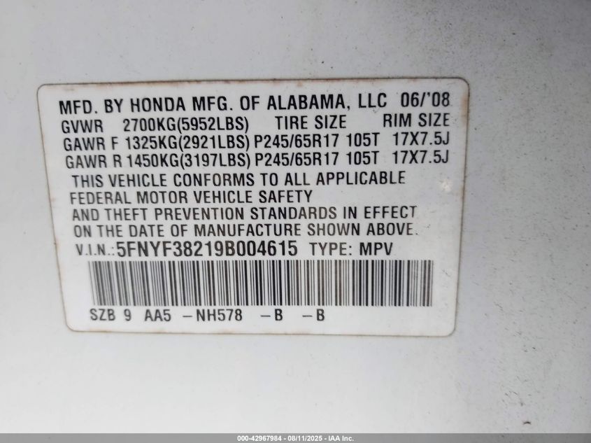 2009 Honda Pilot Lx VIN: 5FNYF38219B004615 Lot: 42967984