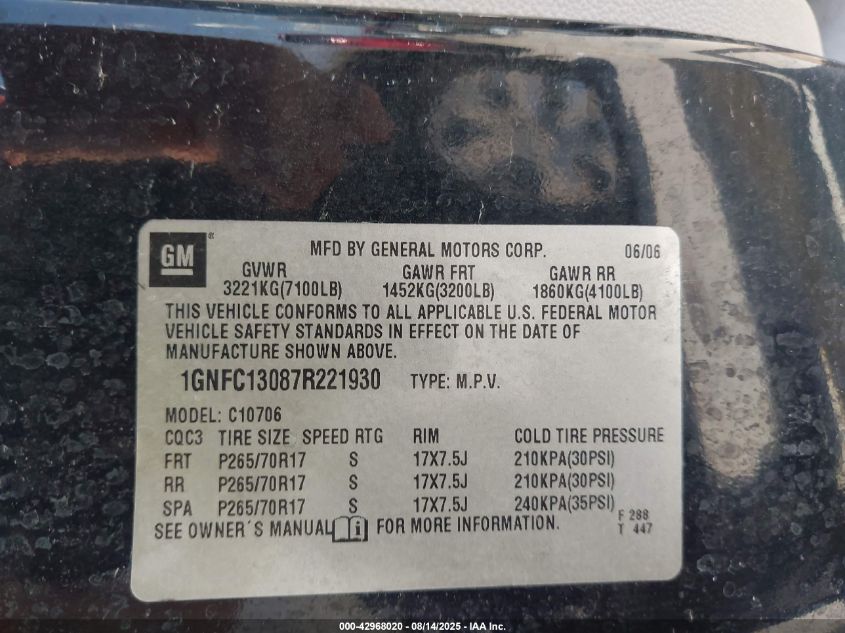 2007 Chevrolet Tahoe Lt VIN: 1GNFC13087R221930 Lot: 42968020