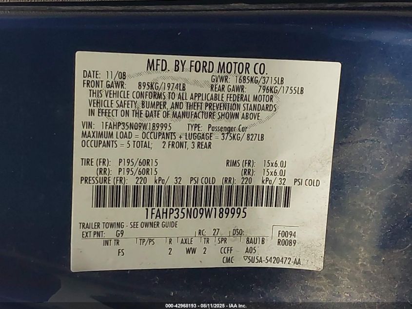 2009 Ford Focus Se VIN: 1FAHP35N09W189995 Lot: 42968193