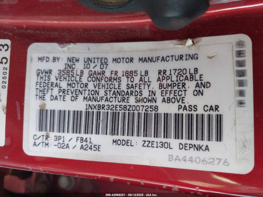 2008 Toyota Corolla Le VIN: 1NXBR32E58Z007258 Lot: 42968251