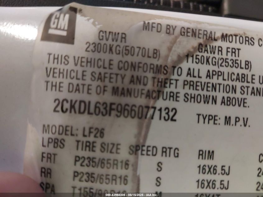 2006 Pontiac Torrent VIN: 2CKDL63F966077132 Lot: 42968306