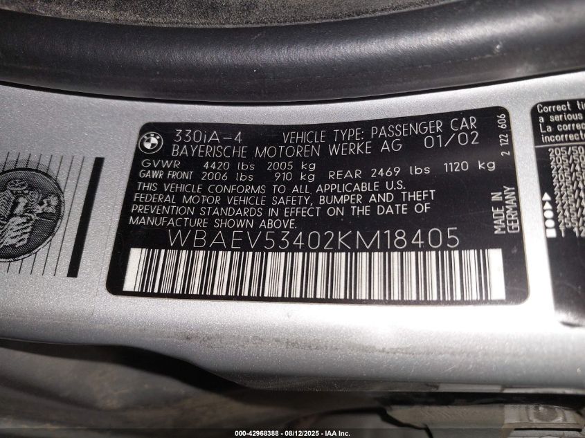 2002 BMW 330I VIN: WBAEV53402KM18405 Lot: 42968388