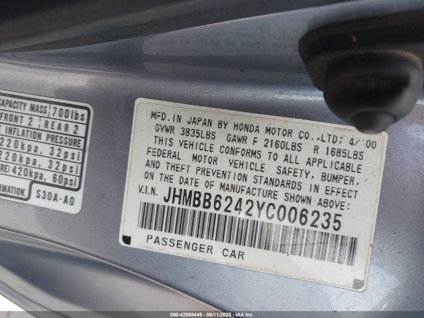 2000 Honda Prelude VIN: JHMBB6242YC006235 Lot: 42968449