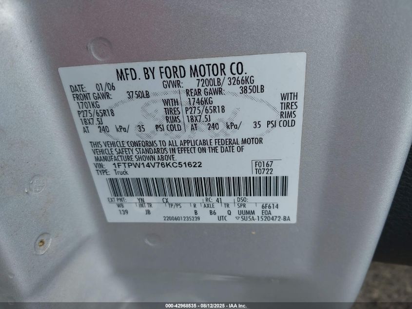 2006 Ford F-150 Fx4/Lariat/Xlt VIN: 1FTPW14V76KC51622 Lot: 42968535