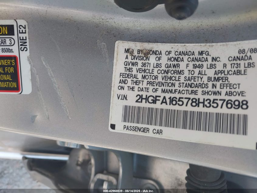 2008 Honda Civic Lx VIN: 2HGFA16578H357698 Lot: 42968539