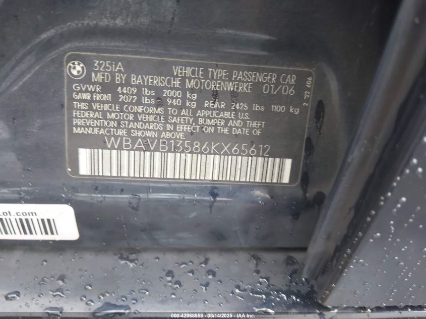 2006 BMW 325I VIN: WBAVB13586KX65612 Lot: 42968558