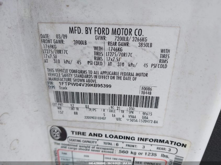 2009 Ford F-150 Fx4/Xlt VIN: 1FTPW04V39KB95399 Lot: 42968565