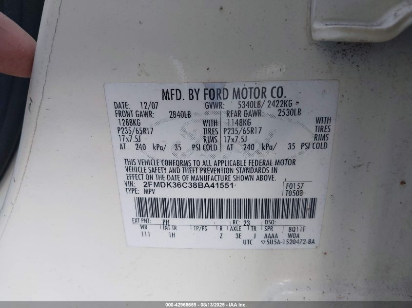 2008 Ford Edge Se VIN: 2FMDK36C38BA41551 Lot: 42968659