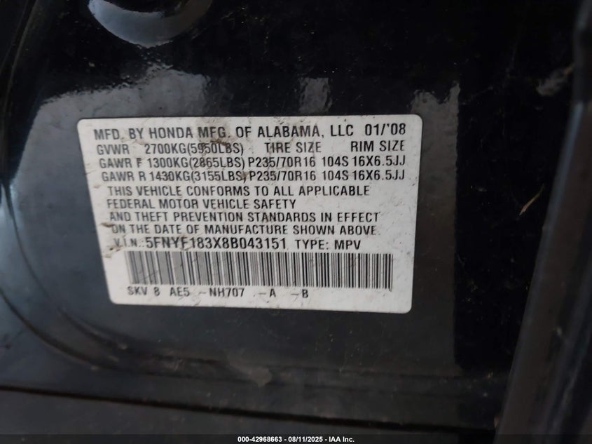 2008 Honda Pilot Se VIN: 5FNYF183X8B043151 Lot: 42968663