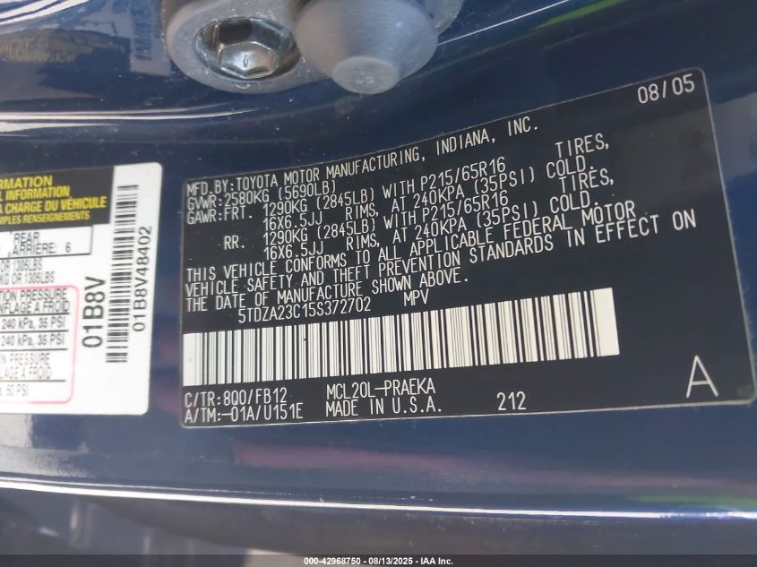 2005 Toyota Sienna Le VIN: 5TDZA23C15S372702 Lot: 42968750