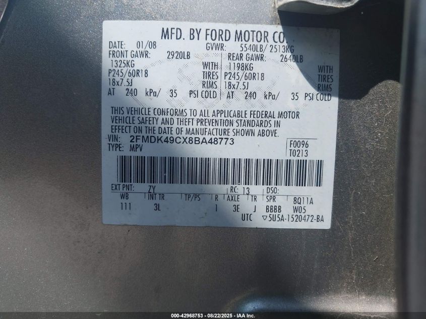 2008 Ford Edge Limited VIN: 2FMDK49CX8BA48773 Lot: 42968753