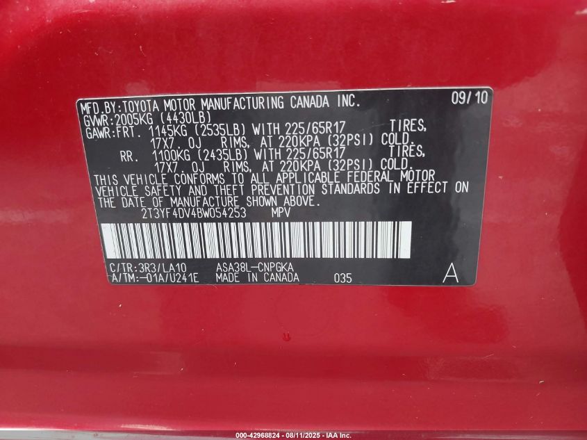 2011 Toyota Rav4 Limited VIN: 2T3YF4DV4BW054253 Lot: 42968824