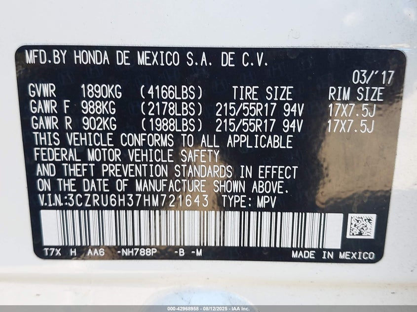 2017 HONDA HR-V LX - 3CZRU6H37HM721643