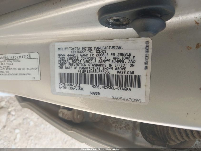 2003 Toyota Camry Xle V6 VIN: 4T1BF32K63U555261 Lot: 42969004