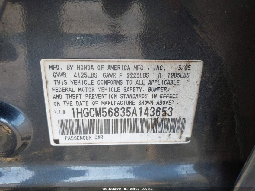 2005 Honda Accord 2.4 Ex VIN: 1HGCM56835A143653 Lot: 42969011