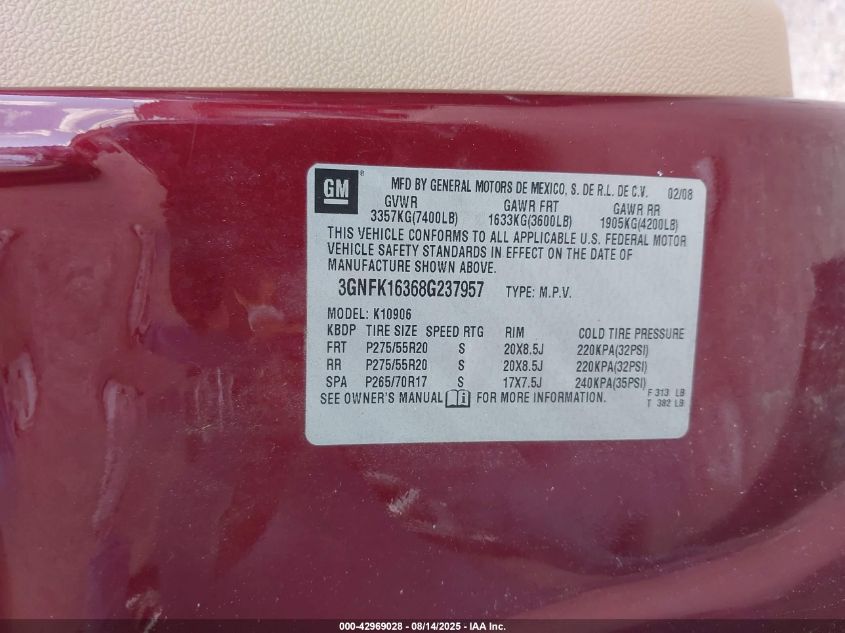 2008 Chevrolet Suburban 1500 Ltz VIN: 3GNFK16368G237957 Lot: 42969028