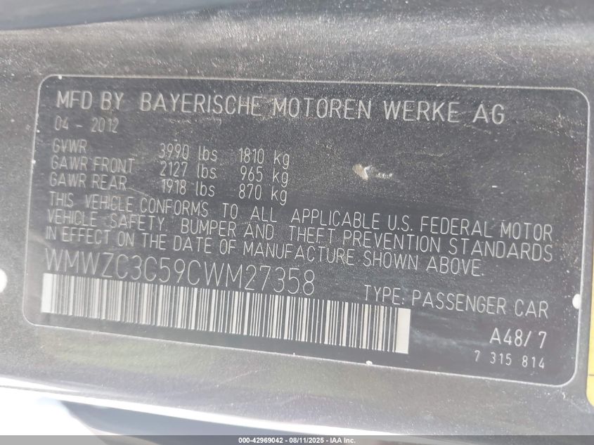 2012 Mini Cooper S Countryman VIN: WMWZC3C59CWM27358 Lot: 42969042